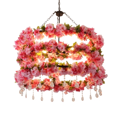 Pink 6 Heads Chandelier Lighting Vintage Metal Flower LED Suspension Pendant with Crystal Accent