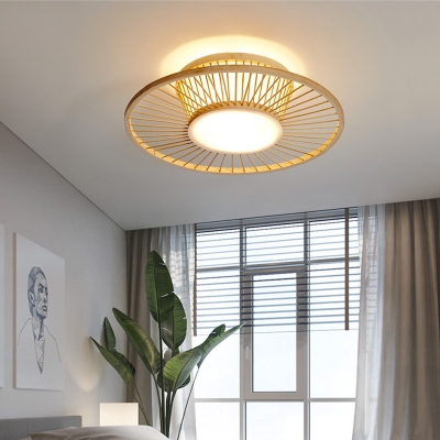 Round Flush Mount Chinese Bamboo 1 Bulb Beige Ceiling Mounted Fixture for Bedroom
