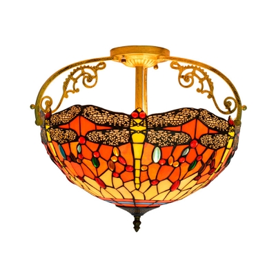 Stained Glass Blue/Orange/Yellow Semi-Flush Mount Dragonfly 3 Lights Mediterranean Ceiling Lamp