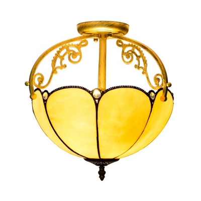 Tiffany Scalloped Semi Flush Light Fixture 2 Lights Stained Glass Ceiling Lighting in Yellow