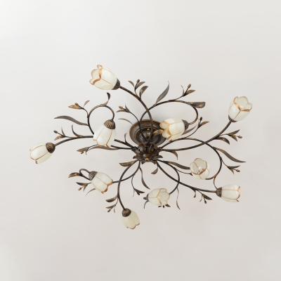 White Glass Brass Ceiling Flush Flower 10 Heads Traditional Semi Mount Lighting for Bedroom