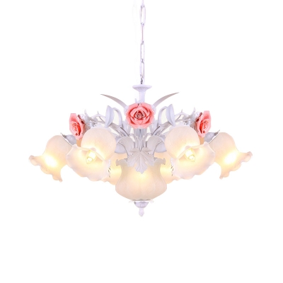 White Glass Pink Hanging Chandelier Bloom 8 Lights Traditional Down Lighting Pendant for Living Room