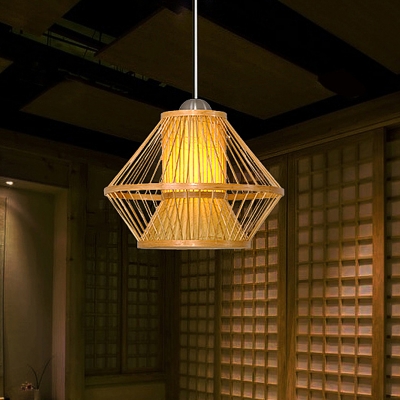1 Bulb Dining Room Ceiling Lamp Asian Beige Hanging Pendant Light with Urn Bamboo Shade