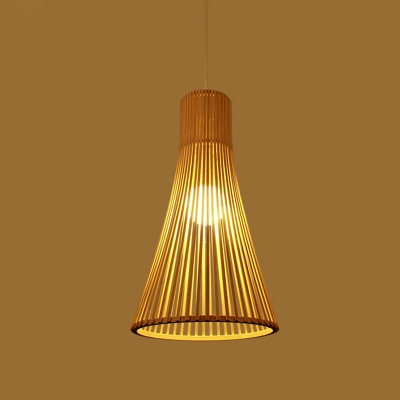 1 Bulb Dining Room Pendant Lamp Asia Beige Hanging Ceiling Light with Trumpet Bamboo Shade