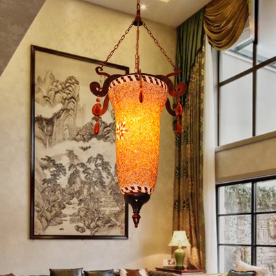 1 Bulb Stained Glass Hanging Lighting Traditional Orange Lantern Dining Room Pendant Lamp