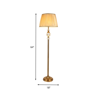 1 Head Barrel Floor Lamp Vintage Beige Fabric Standing Light with Crystal Accent for Living Room