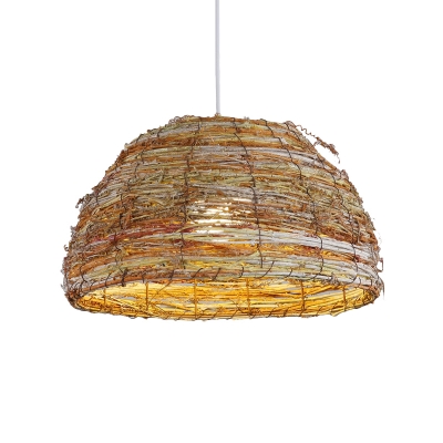 1 Head Bedroom Ceiling Light Asia Flaxen Suspended Lighting Fixture with Dome Rattan Shade