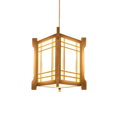 1 Head Dining Room Ceiling Lamp Asia Beige Hanging Pendant Light with Lantern Wood Shade