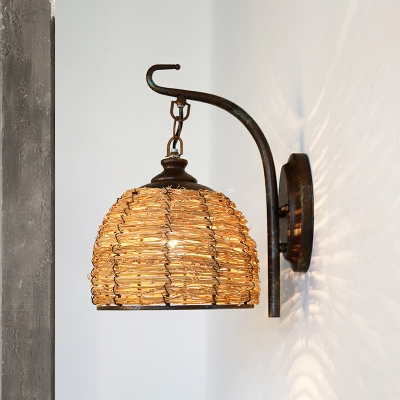 1 Head Dome Sconce Light Japanese Rattan Wall Mount Lighting in Flaxen for Dining Room