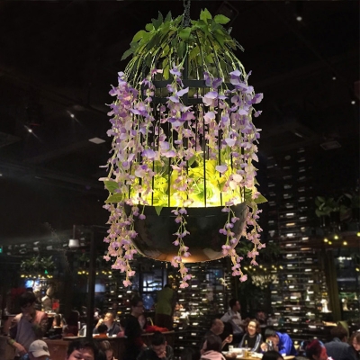 1 Light Metal Drop Lamp Vintage Black Bird Cage Restaurant LED Pendant Lighting with Flower Decoration