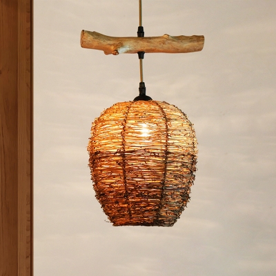 1 Head Restaurant Ceiling Lamp Asian Flaxen Pendant Light Fixture with Urn Rattan Shade