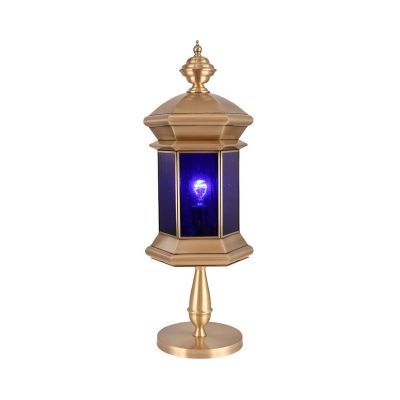 1 Light Lantern Table Lamp Traditional Brass Metal Nightstand Light with Blue Glass Shade