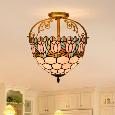 2 Lights Flower Semi Flush Mediterranean Beige Stained Glass Close to Ceiling Lighting for Dining Room