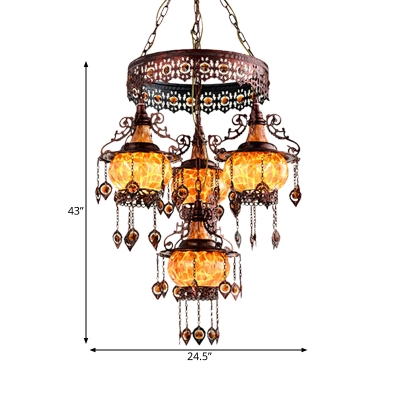 4 Heads Stained Glass Hanging Lighting Traditionalism Orange 2 Layer Lantern Restaurant Chandelier Lamp