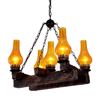 5 Lights Chandelier Lamp Vintage Vase Shaped Amber Crackle Glass Pendant in Dark Wood for Dining Room