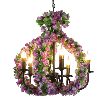 5 Lights Chandelier Lighting Fixture Industrial Candlestick Metal Hanging Lamp in Black with Flower Decoration