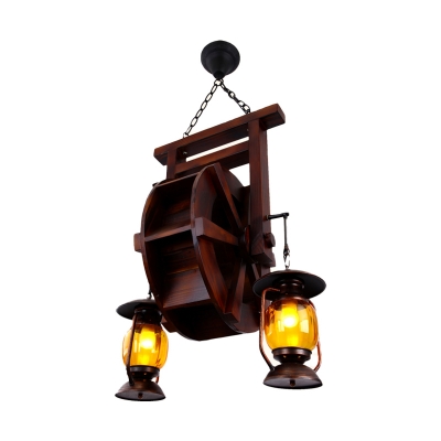 Amber Glass Dark Wood Chandelier Lighting Fixture Lantern 3 Lights Industrial Style Hanging Fixture