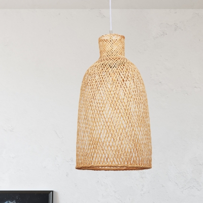Asian 1 Bulb Down Lighting Khaki Bell Ceiling Pendant Light with Bamboo Shade