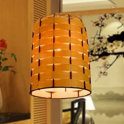 Barrel Pendant Lamp Chinese Wood 1 Head 10