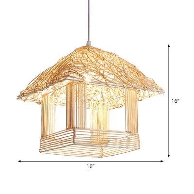 Beige House Ceiling Lamp Japanese 1 Bulb Bamboo Hanging Light Kit for Dining Room