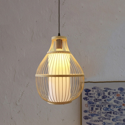 Beige Pear Pendant Lamp Japanese 1 Head Bamboo Hanging Light Fixture for Tearoom