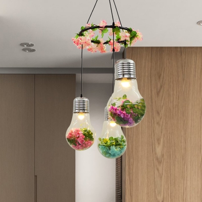 Black 3 Heads Cluster Pendant Industrial Clear Glass Bulb Shape LED Flower Suspension Light for Restaurant