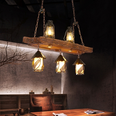 Black 5 Lights Island Light Fixture Vintage Wood Kerosene Billiard Lamp for Dining Room