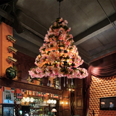 Cherry Blossom Restaurant Chandelier Light Industrial 6 Bulbs LED Pink Hanging Lamp