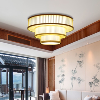 Chinese LED Flushmount Beige Tiered Ceiling Mount Light Fixture with Bamboo Shade