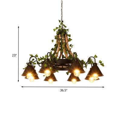 Conical Metal Chandelier Light Industrial 6/8 Bulbs Restaurant LED Hanging Lamp in Black with Plant