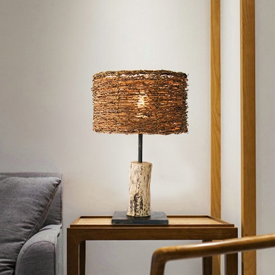 Cylindrical Task Lighting Japanese Rattan 1 Bulb Small Desk Lamp in Brown for Bedside