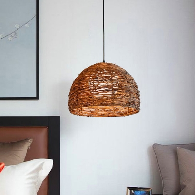 Domed Rattan Ceiling Lamp Asia 1 Head Brown Pendant Light Fixture with Inner Orb White Glass Shade