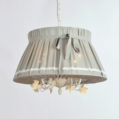 Fabric Drum Chandelier Light Fixture Traditional 4 Lights Dining Room Ceiling Pendant in Beige/Dark Gray