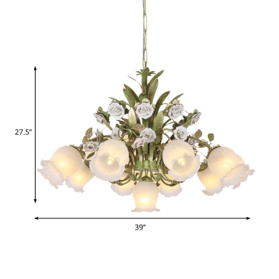 Floral Cream Glass Chandelier Light Traditionalism 4/7/9 Bulbs Bedroom LED Pendant Lamp in Green