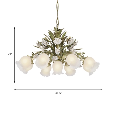 Floral Cream Glass Chandelier Light Traditionalism 4/7/9 Bulbs Bedroom LED Pendant Lamp in Green