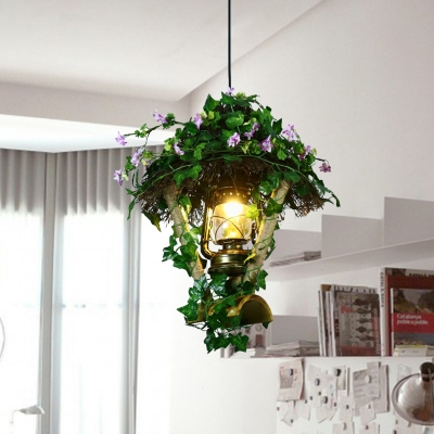 Kerosene Lamp/Cylinder Restaurant Ceiling Light Retro Metal 1 Head Green LED Drop Pendant with Plant Decor