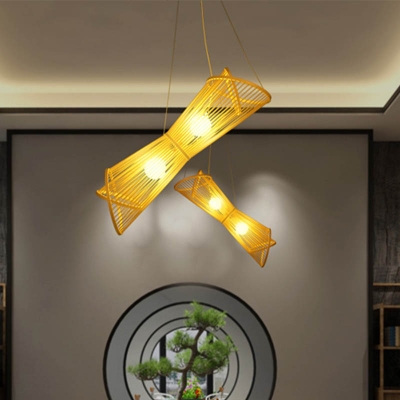 Laser Cut Pendant Chandelier Chinese Bamboo 2 Heads Hanging Ceiling Light in Beige