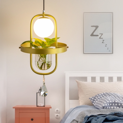 Metal Oval Frame Pendant with Plant Deco Industrial 1 Head Bedroom Ceiling Lamp in Gold