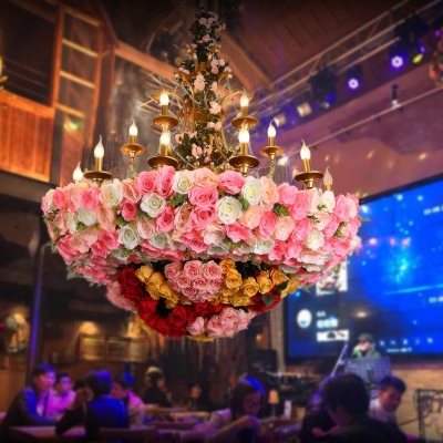 Pink 12 Heads Chandelier Lamp Industrial Metal Candelabra Flower Hanging Light Fixture for Restaurant