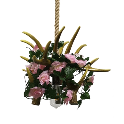 Pink/Red Antler Pendant Light Retro Resin 1 Head Restaurant Ceiling Lamp with Flower Decoration