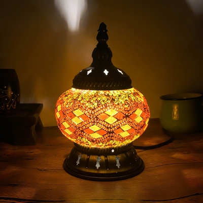 Red/Yellow/Orange 1 Bulb Table Light Vintage Stained Glass Incense Burner Nightstand Lamp for Bar