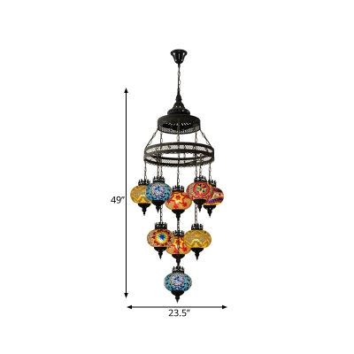 Stained Glass Black Pendant Lighting Lantern 9 Bulbs Bohemia Style Ceiling Chandelier for Coffee House