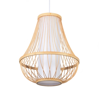 Teardrop Hanging Light Asia Bamboo 1 Head Wood Ceiling Suspension Lamp with Inner Cylinder White Parchment Shade