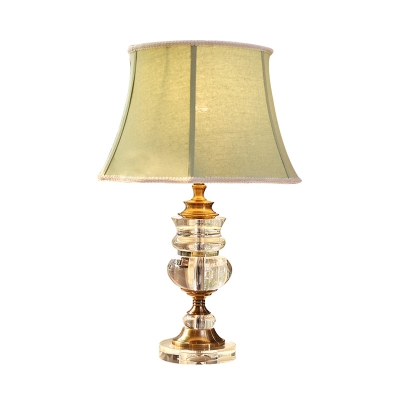 Traditional Bell Nightstand Light 1 Bulb Fabric Table Lamp in Green with Crystal Accent