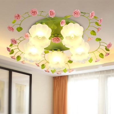 Traditional Blossom Hanging Pendant 1 Head White Glass Suspended Lighting Fixture for Living Room