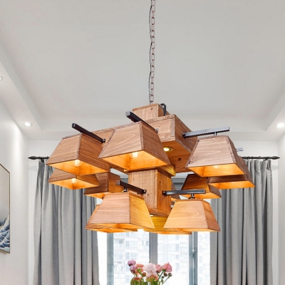 Trapezoid Wood Island Chandelier Industrial 3/4/12 Lights Dining Room Ceiling Light in Brown