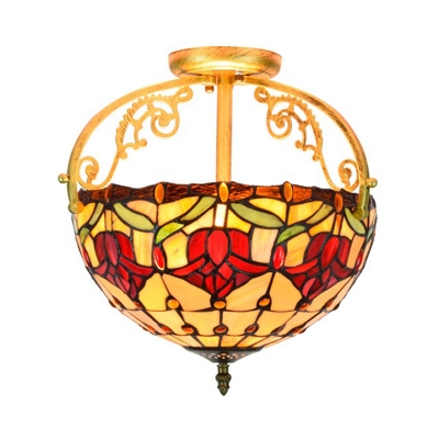 Yellow Rose Semi Flush Mount Light Tiffany Style 2 Lights Cut Glass Ceiling Mounted Fixture