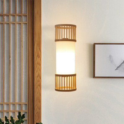 1 Bulb Cylindrical Sconce Light Chinese Wood Wall Mounted Light Fixture in White