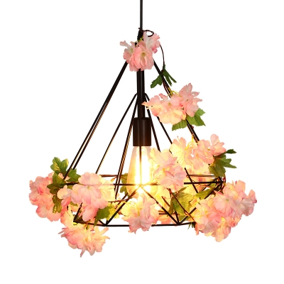 1 Bulb Diamond Hanging Pendant Vintage Black Metal LED Ceiling Hang Fixture with Cherry Blossom, 10