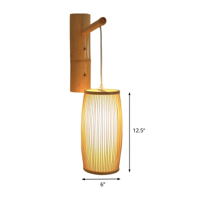 1 Bulb Hallway Sconce Light Chinese Wood Wall Mounted Lamp with Lantern Bamboo Shade